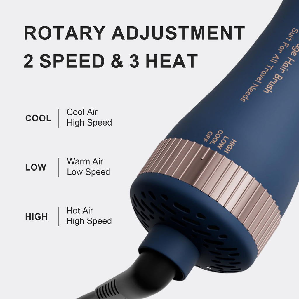 4-in-1 travel hair dryer with dual voltage, featuring rotary adjustment for cool, low, and high heat settings. Verified by CuratCart.
