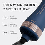 4-in-1 travel hair dryer with dual voltage, featuring rotary adjustment for cool, low, and high heat settings. Verified by CuratCart.