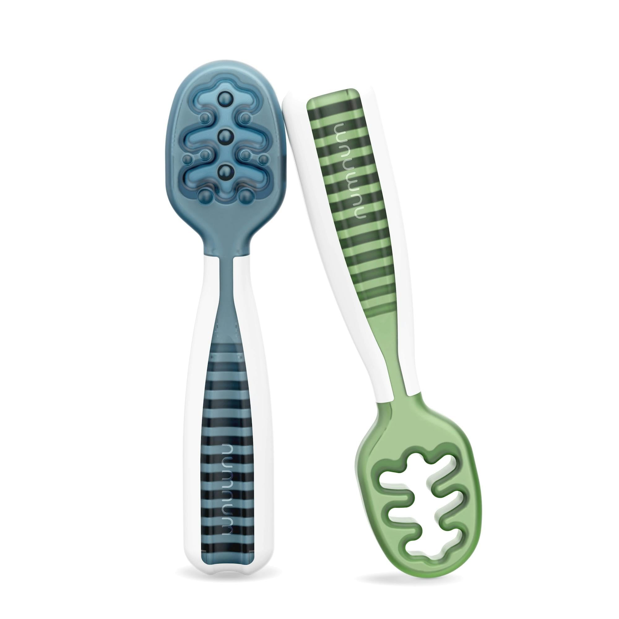 Buy now NumNum Baby Spoons Set, Baby Essentials Pre-Spoon GOOtensils for 6+ Months, First Stage Self-Feeding Spoons for Baby Led Weaning (BLW), Silicone Toddler Utensils, BPA-Free, 2 Pack Gray/Green 10 - Blue Green 2 Spoons at indiglob india