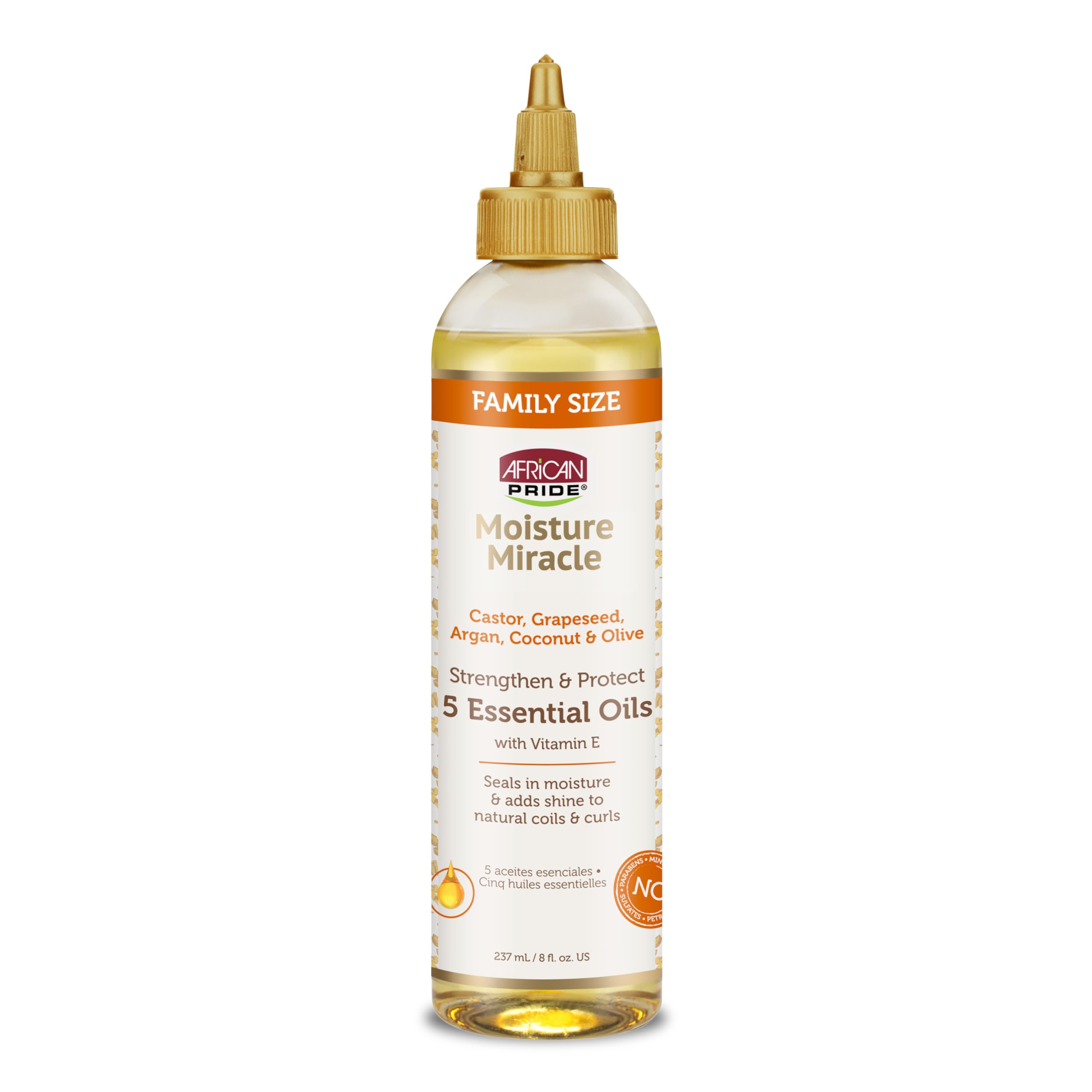 African Pride Moisture Miracle 5 Essential Hair Oils, 8 Oz | Argan, castor, grapeseed, coconut & olive oils with vitamin E for shine, strength and moisture