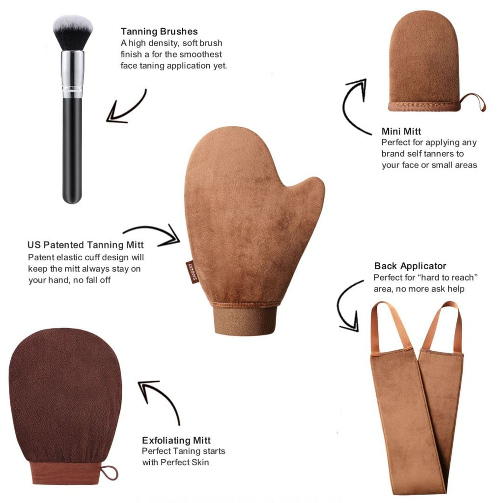 5-Piece Self Tanning Mitt Kit with Self Tanner Back Applicator, Self Tanning Brush, Exfoliating Mitt & Accessories for Flawless Tan