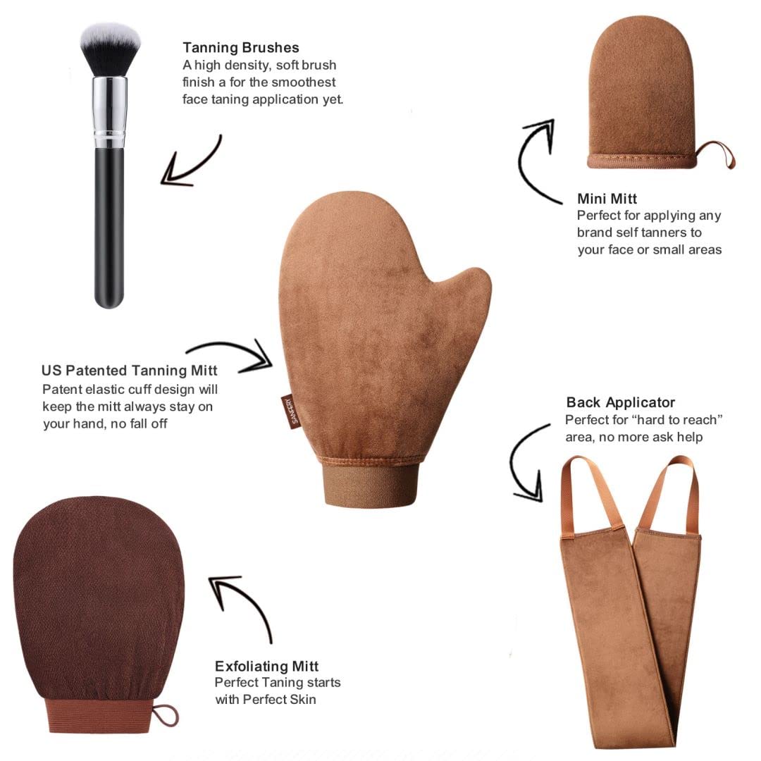 5-Piece Self Tanning Mitt Kit with Self Tanner Back Applicator, Self Tanning Brush, Exfoliating Mitt & Accessories for Flawless Tan