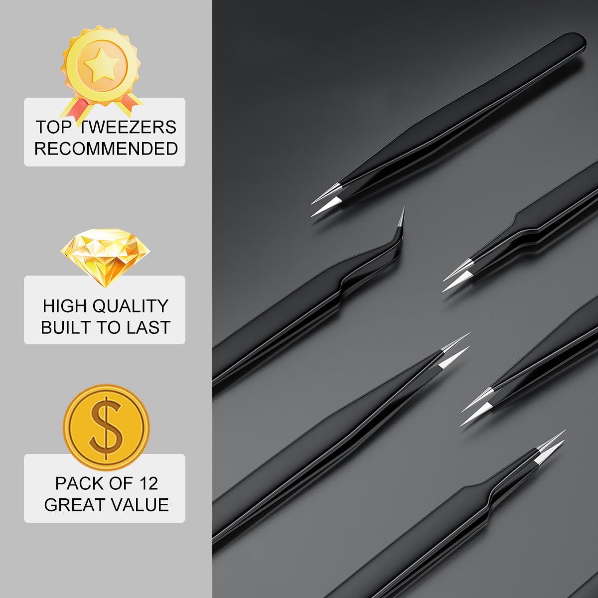 Antonki 12-in-1 Precision Metal Tweezers Set with Leather Case | High Quality, 1.5mm Thick, Strong Hardness, Rustproof, Anti-Static, Tips Cover, Complete Set, Portable Design
