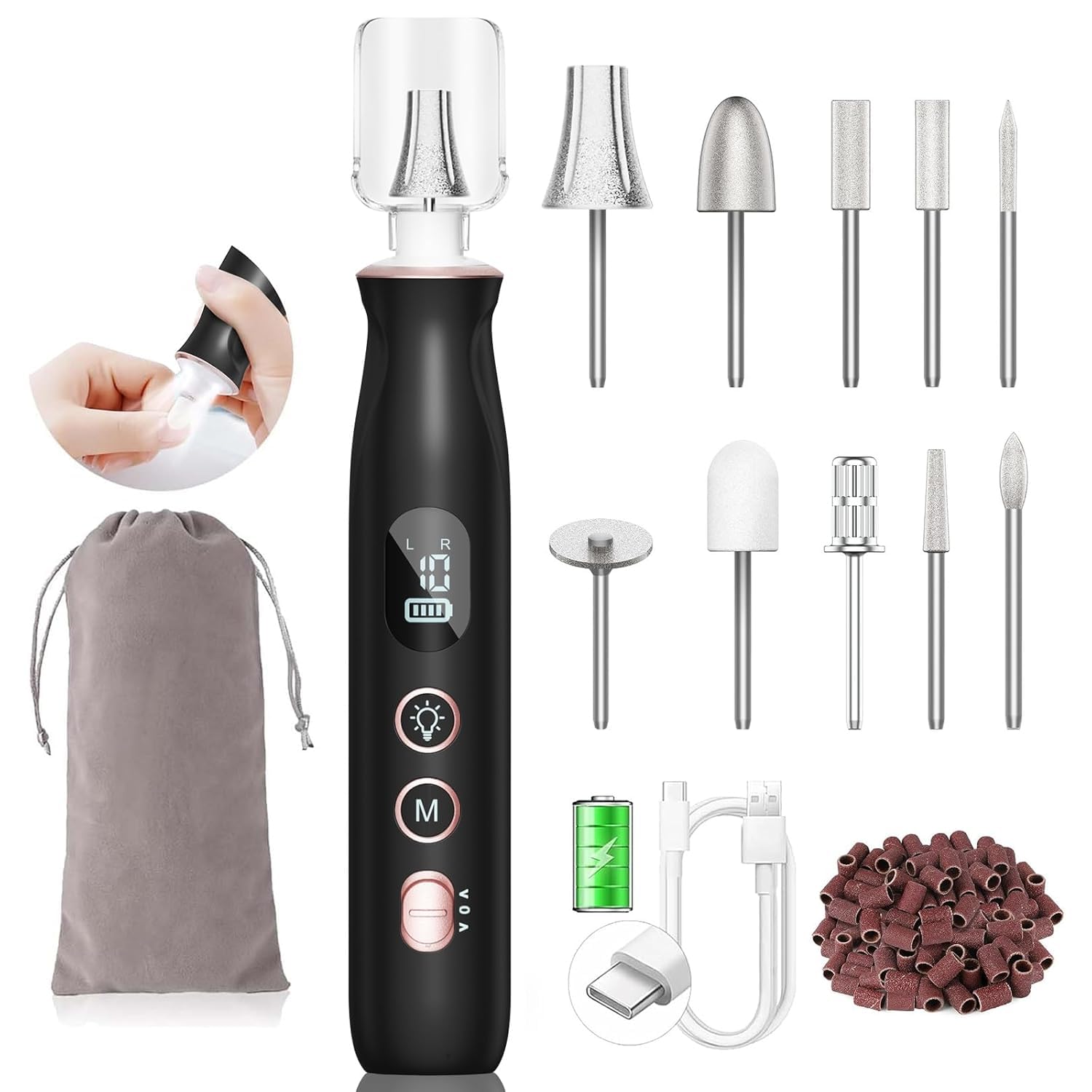 Electric Nail File Drill, Toe Nail Grinder for Thick Toenails & Callus | 10-Speed 2000mAh Cordless Rechargeable Nail Filer, 50Pcs Manicure Pedicure Kit with LED Lamp, Gifts for Women Men Seniors