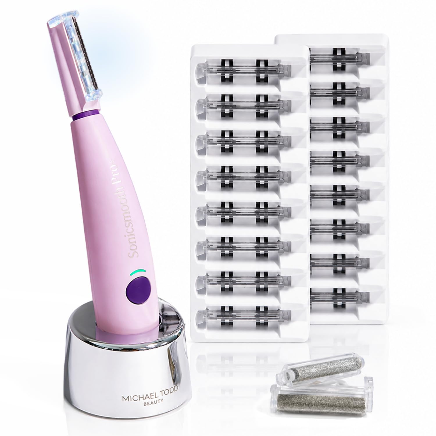 Michael Todd Beauty Sonicsmooth Pro+ Dermaplaning System & Eyebrow Trimmer | Peach Fuzz Removal, Dermaplane Razor for Women Face w/ 16 Blades & 2 Microsmooth Exfoliation Tips, LED Light, 3-Year Warranty