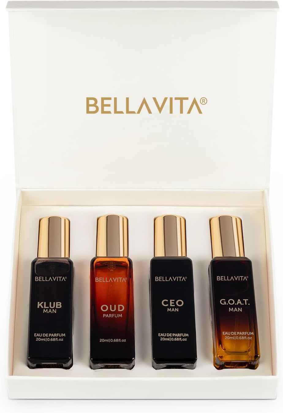 Buy now Bella Vita Luxury Long Lasting Perfume Gift Set for Man | 4x20ml | Gifts for Men | Woody, Citrusy, Oud, Premium Fragrance Scent | KLUB, OUD, CEO, G.O.A.T | Best gift for Valentine's Day at indiglob india