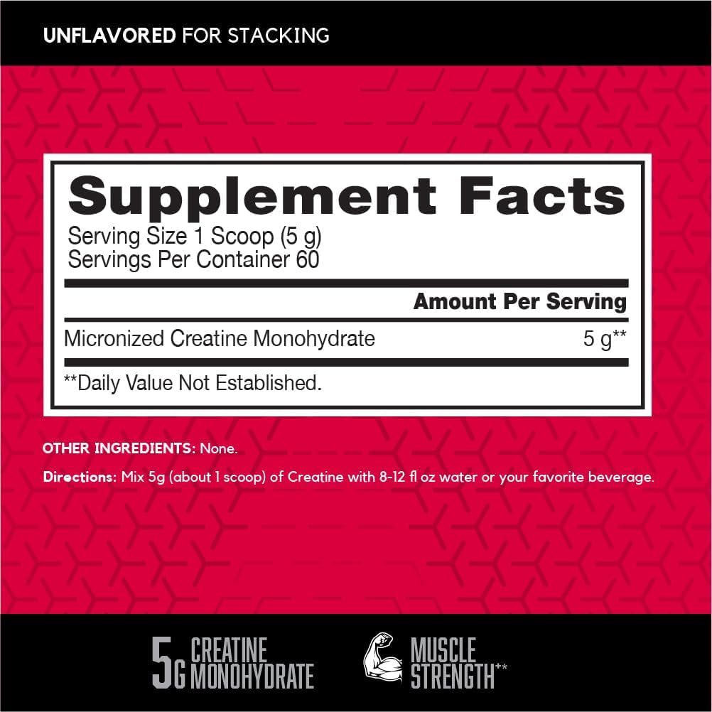 BSN Micronized Creatine Monohydrate Powder, 5g per Serving, 60 Servings | Micronized Creatine Monohydrate for Muscle Building and Strength, 5000mg per Serving, Unflavored Powder