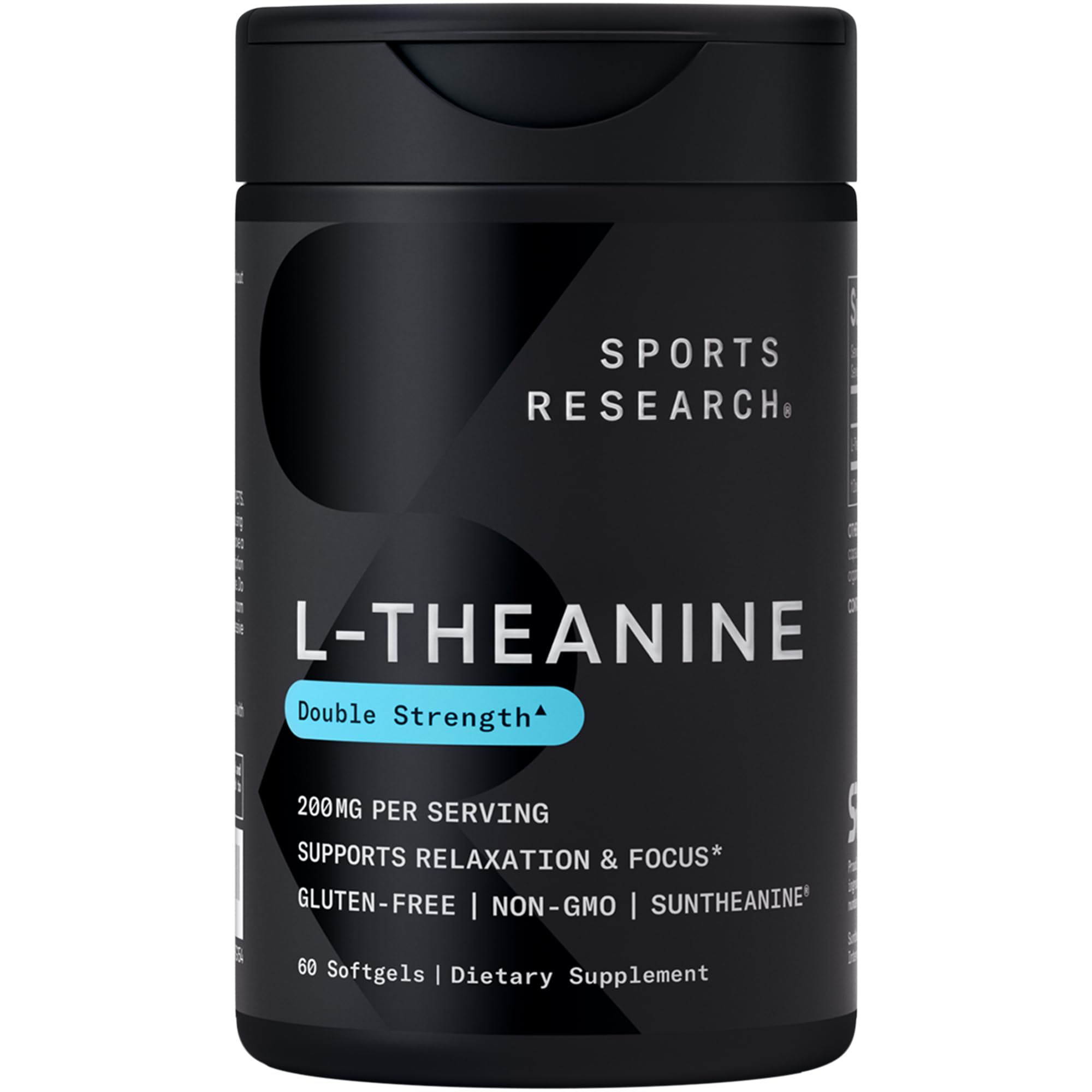 Sports Research® L-Theanine 200mg with Suntheanine®, 60 Softgels | Double Strength Relaxation, Focus & Mood Support - Made w/ Organic Coconut Oil | Non-GMO, Gluten-Free, 60 Servings
