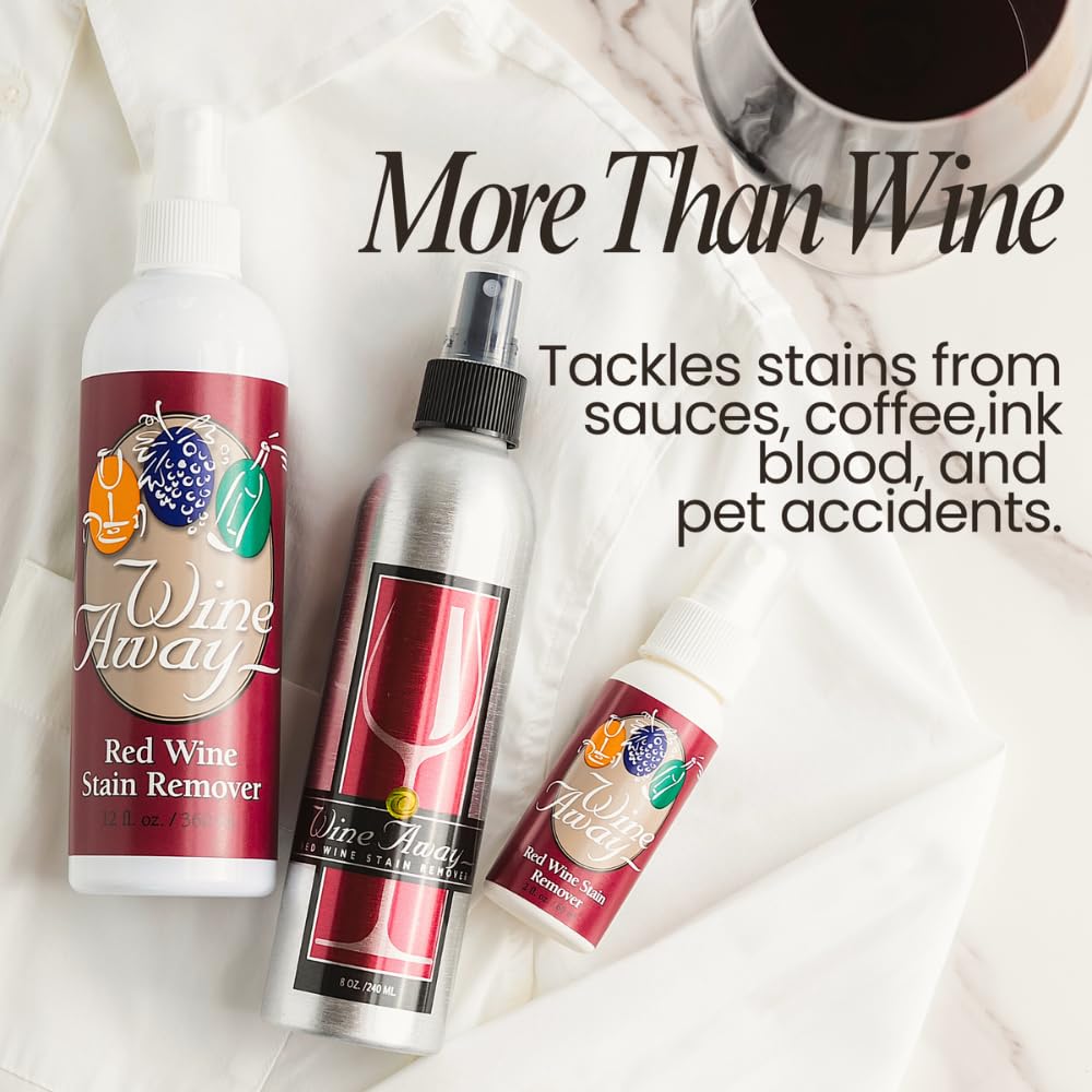 Wine Away Red Wine Stain Remover Spray Bundle, Fabric, Upholstery & Carpet Cleaner Solution, Removes Wine Spots & Laundry Stains, Fast-Acting Spot Treatment, 12oz Home & 2oz Travel Size