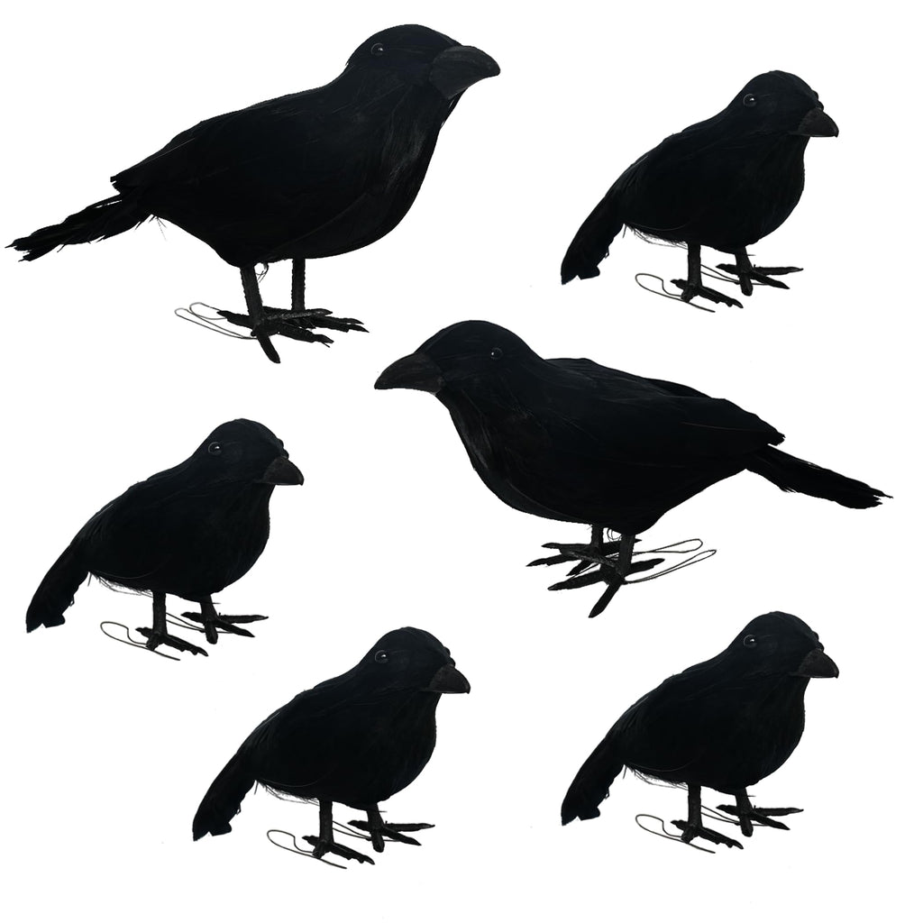 NEROSUN 6 Pack Halloween Black Feathered Crows, 5.7" & 8.7" Realistic Feathered Black Birds Raven, Halloween Decoration for Indoor Outdoor Home Yard Garden Party Decor