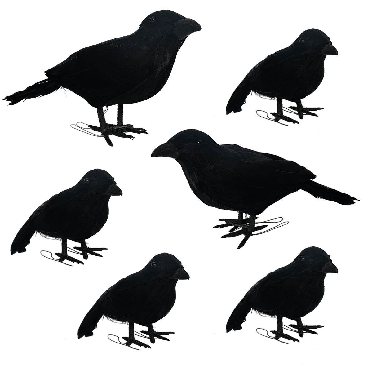 NEROSUN 6 Pack Halloween Black Feathered Crows, 5.7" & 8.7" Realistic Feathered Black Birds Raven, Halloween Decoration for Indoor Outdoor Home Yard Garden Party Decor