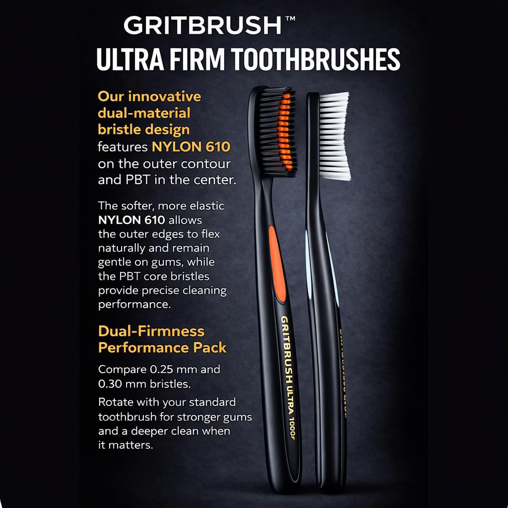 GRITBRUSH Firm Toothbrushes for Adults Hard & Extra Hard Bristles, Dual Stiffness Manual Toothbrush Set, Deep Cleaning, 4 Pack