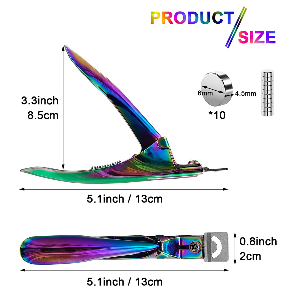 Acrylic Nail Cutter with Magnet Sizer & Length Measurement,Adjustable Stainless Nail Trimmer for Salon Home Nail Art, Professional Nail Clippers for Precise Manicures (Rainbow)