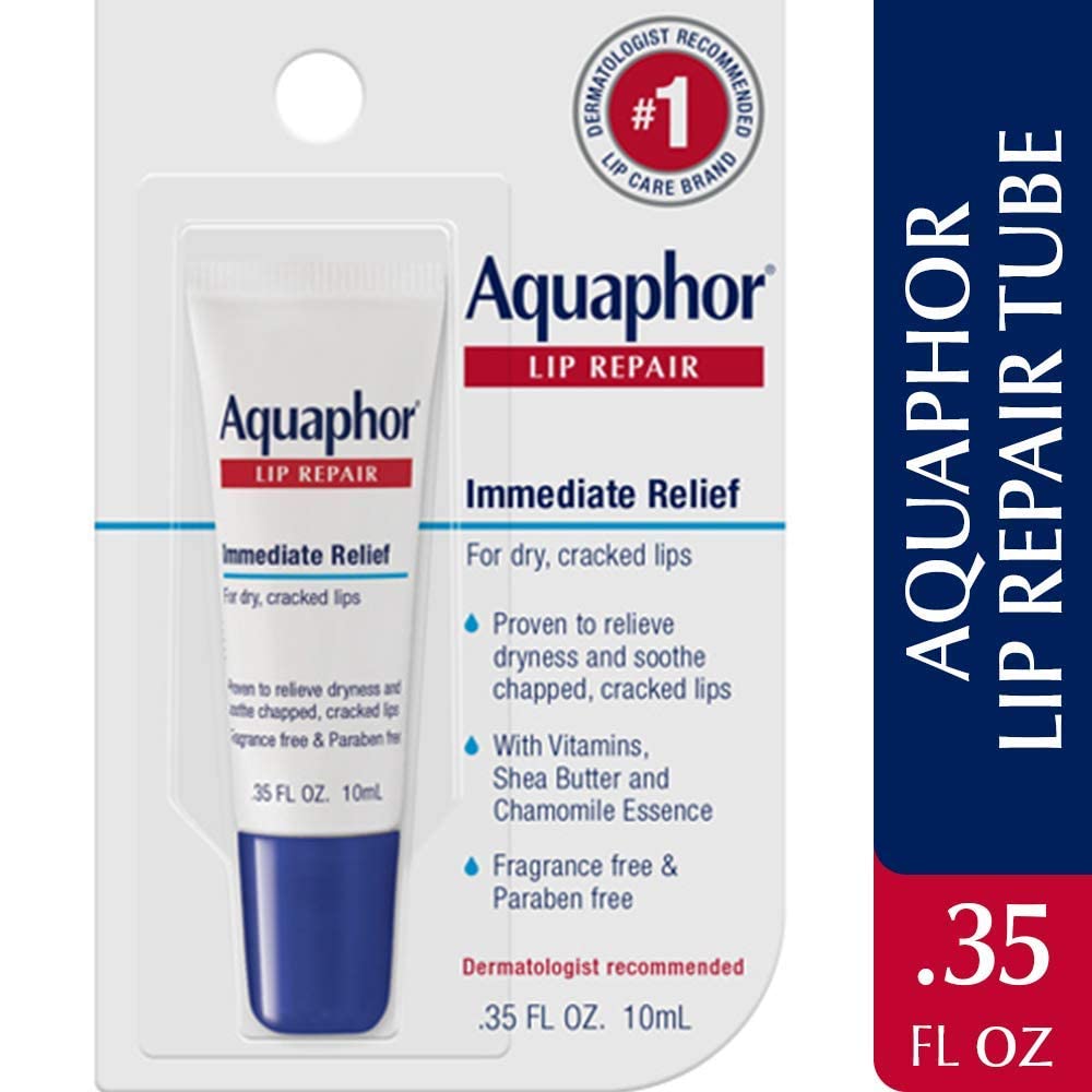 Aquaphor Lip Repair Ointment - Long-lasting Moisture to Soothe Dry Chapped Lips - .35 fl. oz. Tube | Lip Balm Moisturizer with Vitamins and Shea Butter, Immediate Dry Lip Relief, Paraben and Fragrance Free