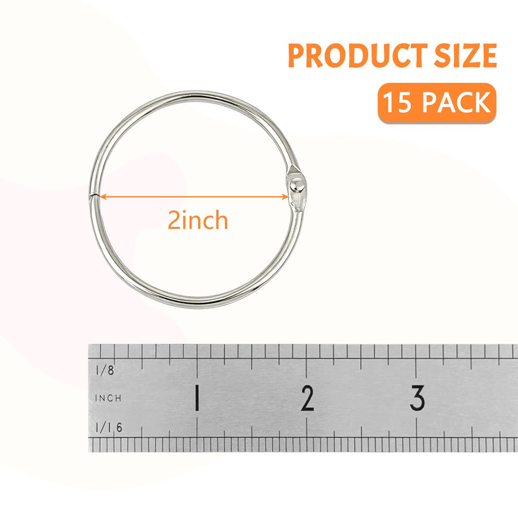 KTOJOY 2 Inch (15 Pack) Loose Leaf Binder Book Rings, with Metal Nickel Plated for Key,and Index Cards, for School, Home, or Office, Silver