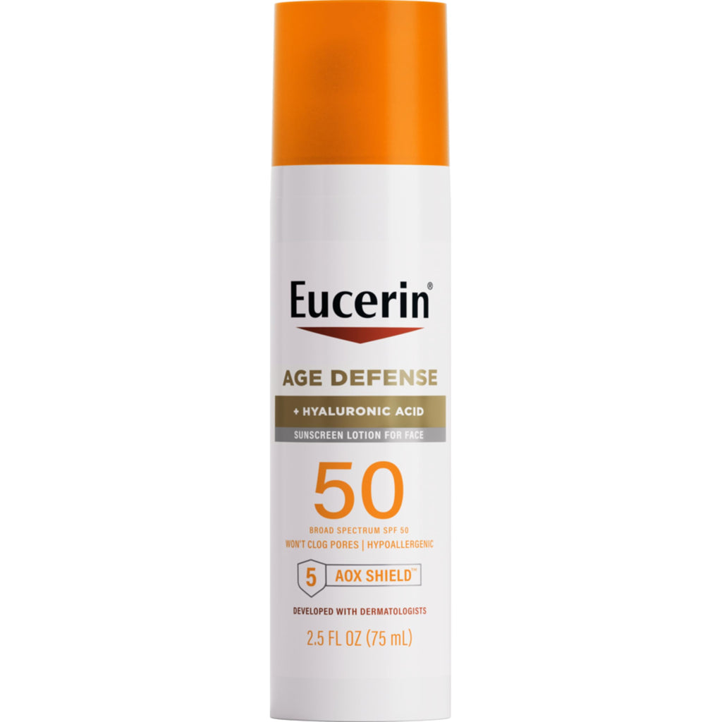 Buy now Eucerin Sun Age Defense SPF 50 Face Sunscreen Lotion with Hyaluronic Acid, Hypoallergenic, Non-Comedogenic Sunscreen SPF 50 Free of Fragrance, Oxybenzone and Octinoxate, 2.5 Fl Oz Bottle at indiglob india