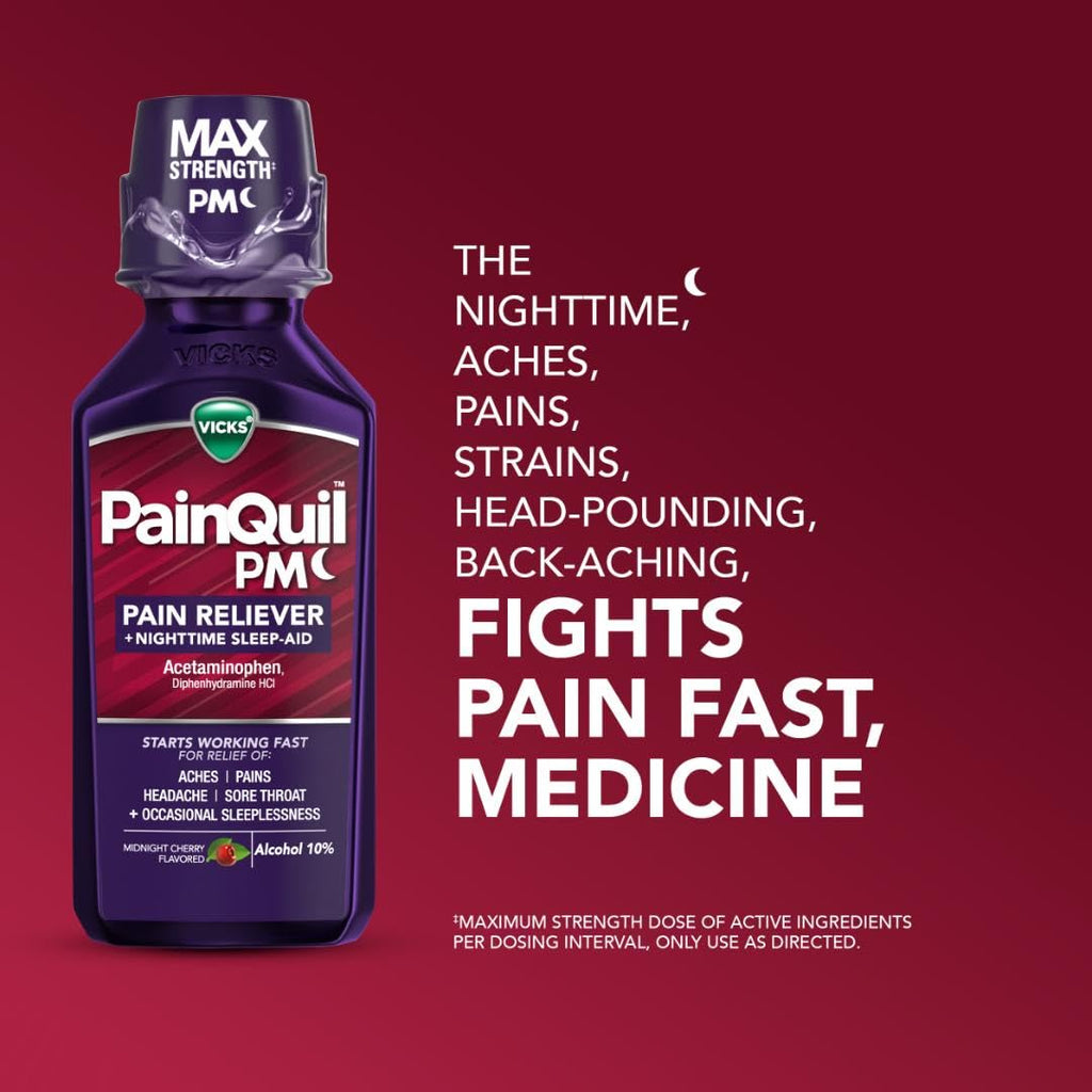 Buy now Vicks PainQuil Pain Relief Acetaminophen 1000mg Max Strength Adult Pain Reliever Liquid 12oz, Backache Headache Relief, 1 Nighttime Pain Reliever + Sleep Aid at indiglob india