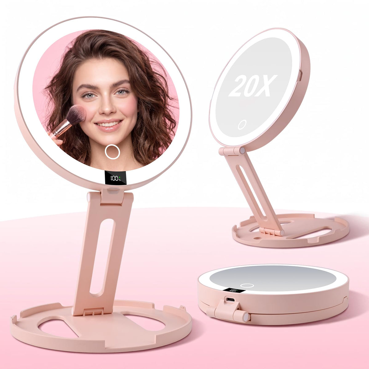 Foldable Travel Makeup Mirror with Lights 20X/1X Magnifying Mirror