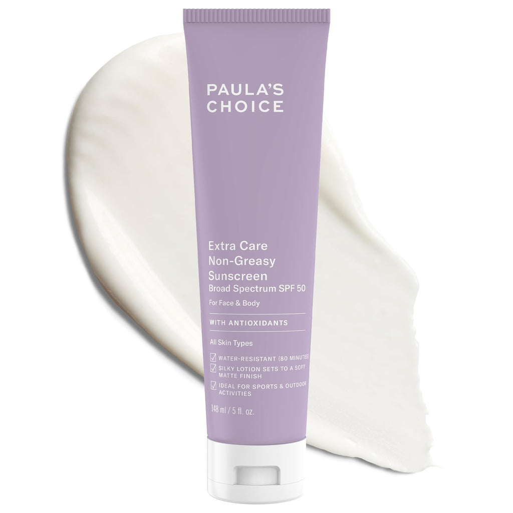 Buy now Paula's Choice Extra Care Oil Free Sunscreen for Face, SPF 50 Face & Body Sunscreen, Daily Moisturizing Lotion with Aloe & Vitamin A/C, Sweat & Water Resistant, Fragrance-Free, UVA/UVB Protection, 5oz at indiglob india