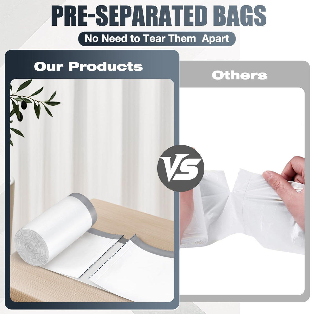 Drawstring 8 Gallon Trash Bags - 100 Count Pre-separated Medium Trash Bags 8 Gallon, Unscented White 8 Gal Garbage Bags