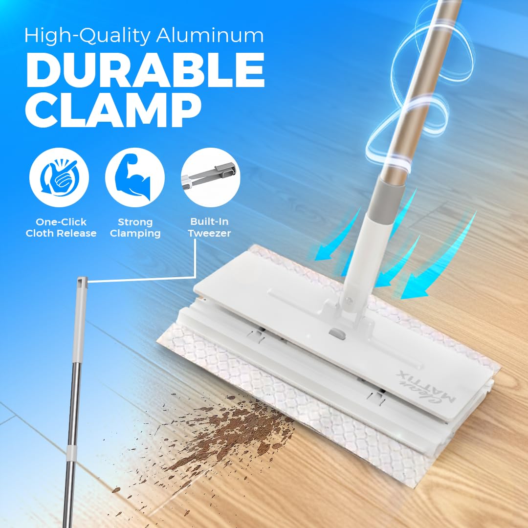 FlexiClamp Sweep & Mop Kit - Durable Cleaning Tool for Hardwood, Tile, Marble & Laminate Floors, Home, Kitchen Cleaning Essentials. (Include 10 Dry Cloths)