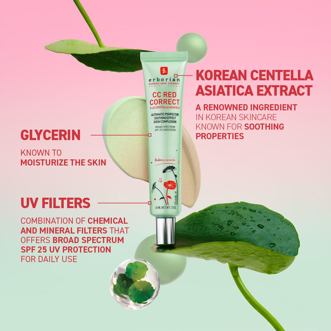 Erborian CC Red Color-Correcting Cream with SPF 25, Korean Skincare | Primer, neutralizes redness, calming, lightweight, evens tone, soothing, blurring, buildable, everyday wear, green pigment