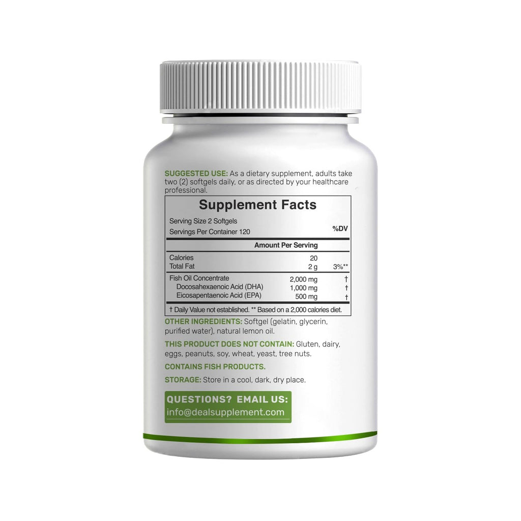 DHA Supplements | 240 Softgels, Burpless, Lemon Flavor, DHA 1000mg + EPA 500mg, Wild Caught Fish, Rich in Omega-3s, Mercury Free, Non-GMO, Support Brain Heart & Joint Health