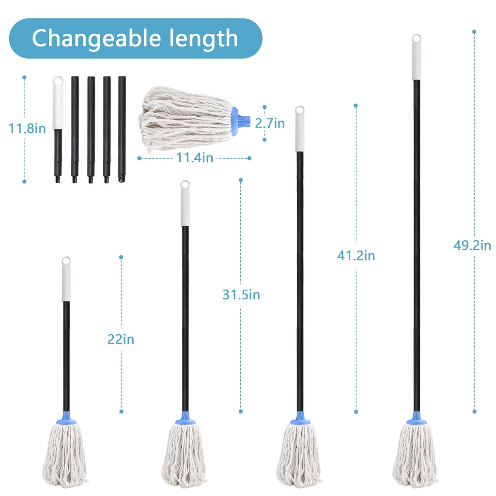 Indoor Mop for Floor Cleaning - Cotton Mops for Floor Cleaning, Regular Mop for Floors, 49-inch Simple Mops for Cleaning Living Rooms, Bathrooms, and Kitchens. (White&Blue)