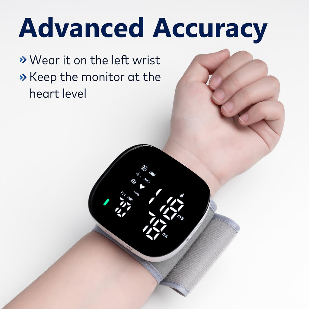 iHome Wrist Blood Pressure Monitor Rechargeable Digital Voice Broadcast LED Backlit BP Machine 199 Memory Storage for 2 Users with Carrying Case for Home Use