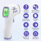 Non‑Contact Forehead Thermometer, 1‑Sec Infrared Thermometer for Baby Kids Adults, Fever Alarm with 3‑Color Backlight, 32‑Memory, Body & Surface Mode, °F/°C Switch, FDA Cleared