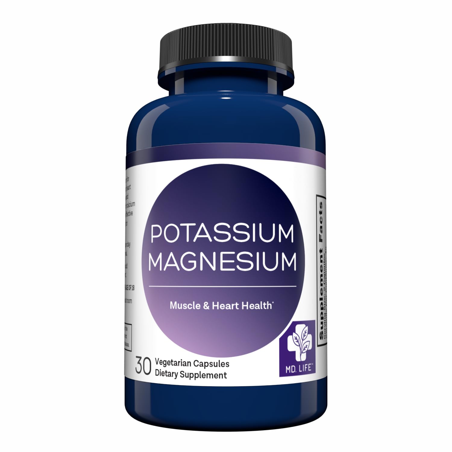 MD. Life Potassium Magnesium Supplement, High Absorption, 30 Capsules | Chelated Mineral Blend for Vascular Health, Muscle Function and Leg Cramp - Doctor Designed - Non-GMO, Vegetarian