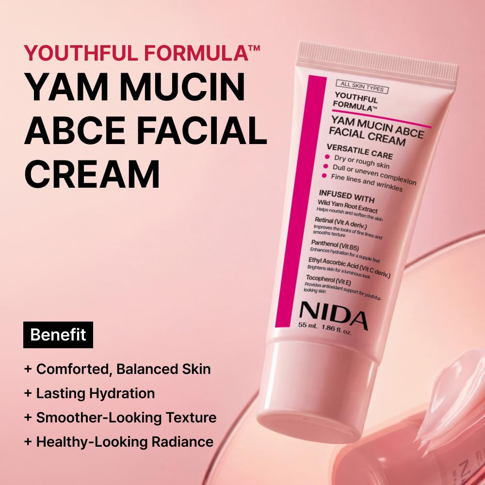 NIDA Youthful Formula™ Yam Mucin ABCE Facial Cream | Wild Yam Root Extract, Retinal, Panthenol, Ethyl Ascorbic Acid, Tocopherol | Hydration, Wrinkles, Dry Skin | 1.86 fl. oz., 55ml