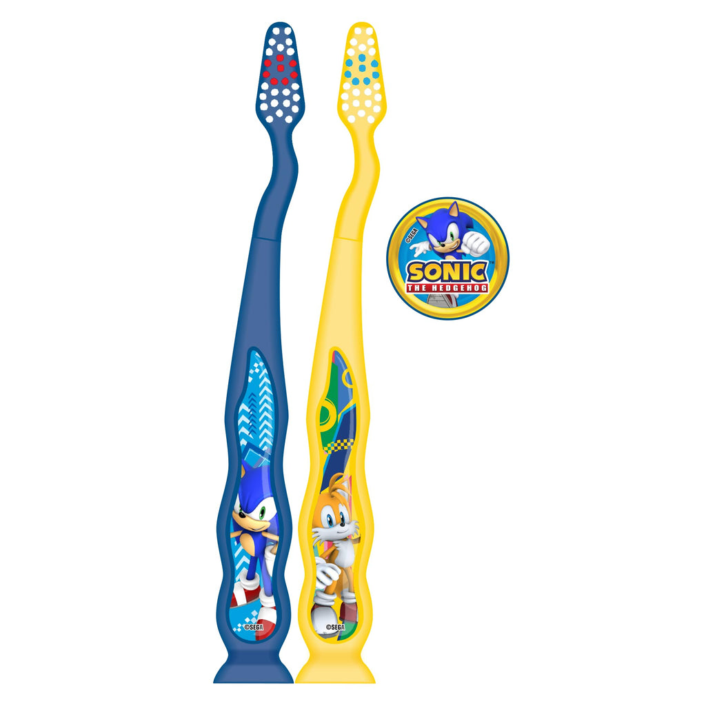 FIREFLY Manual Toothbrush for Kids with Suction Cup, Sonic the Hedgehog, Soft Bristle, 2 toothbrushes + 1 Cover