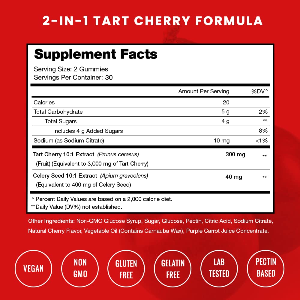 Tart Cherry Gummies with Celery Seed – Potent 10:1 Tart Cherry Extract for Uric Acid Support, Joint Health, Muscle Recovery & Sleep – Vegan Gummies – 120 Count – Third Party Lab Tested, Vegan, Non-GMO