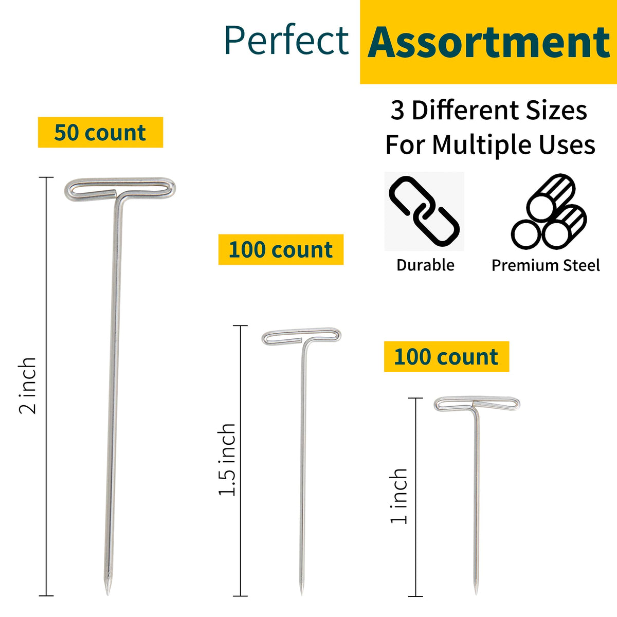 250Pcs T Pins, 1inch /1.5inch/ 2 inch T-Pins,Stainless Steel T Pin for Wigs, Blocking Wig Pin for Foam Head, Craft, Quilting and Blocking Knitting for Office Wall