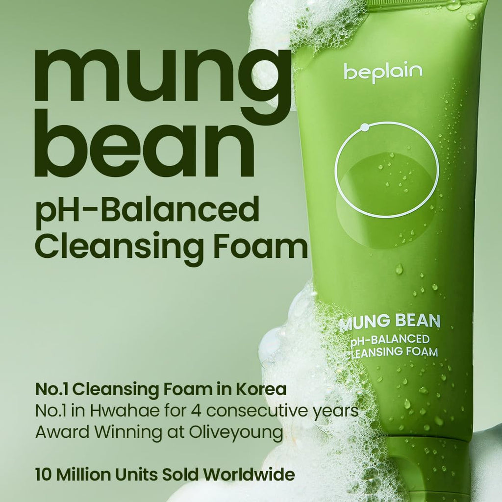beplain Mung Bean pH-Balanced Cleansing Foam for Sensitive Skin, 5.4 fl oz | Fragrance-Free, Non-Comedogenic Tested, Deep Pore Facial Cleanser,Korean Skincare