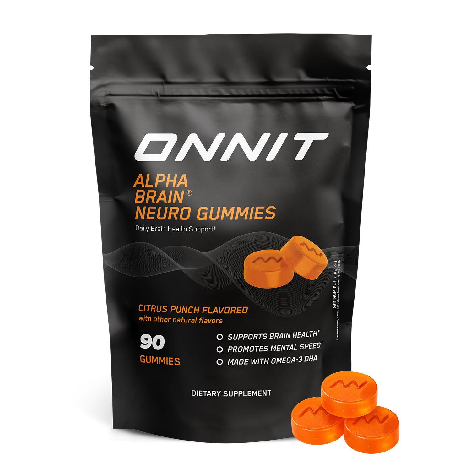 ONNIT Alpha Brain Neuro Focus Gummies, Omega-3 Brain & Eye Support, 90 Ct | IGEN Non-GMO Tested vegan gummies; Omega-3s, Lutein, Zeaxanthin & caffeine; brain, eye & focus support for men & women