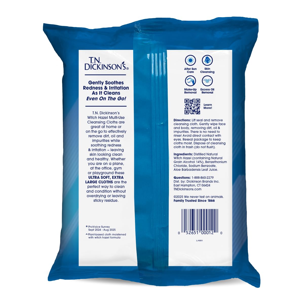 Buy now T.N. Dickinson's Witch Hazel Soothing Cleansing Cloths | Removes Dirt, Oil, Impurities | For Oily, Irritated, Red, Damaged, Blemished, Sensitive Skin | 25 Total Wipes at indiglob india