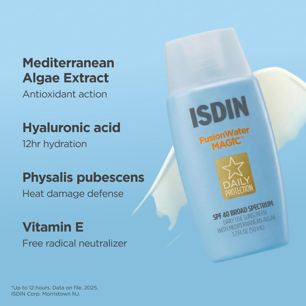 ISDIN Fusion Water MAGIC Lightweight Clear Face Sunscreen SPF 40 | Daily Use, Hyaluronic Acid, Vitamin E, Fast Absorbing, No Greasy Residue, Non-comedogenic, Dermatologist Recommended