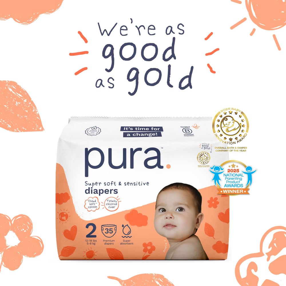 Pura Baby Diapers Size 2 (12-18 lbs) 70 Count Sensitive Skin