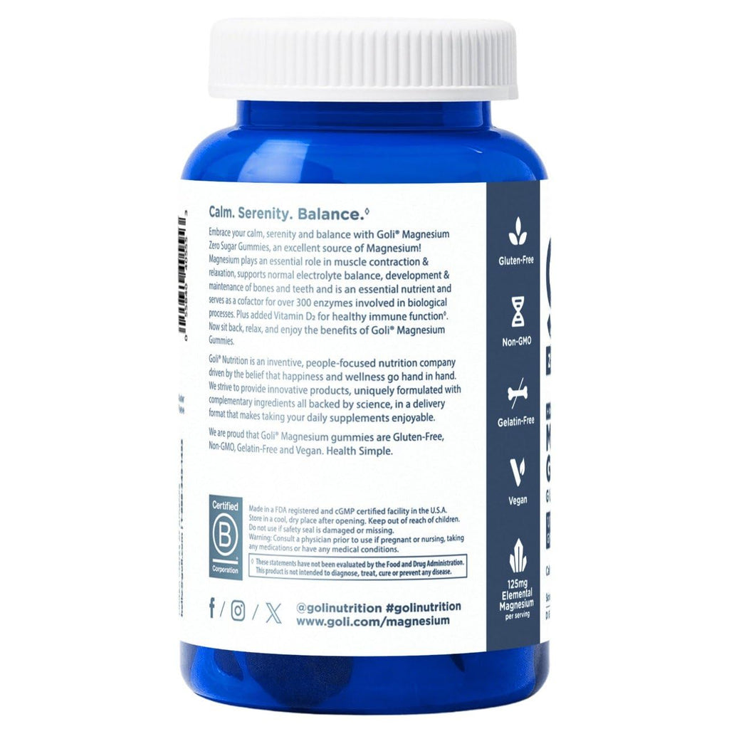 Goli Zero Sugar Magnesium Gummies - 125mg Magnesium (from Magnesium Glycinate) with Vitamin D 60 Count Each (3 Pack, 180 Total) - No Artificial Sweeteners, No Sugar Alcohols - Vegan, Gluten-Free