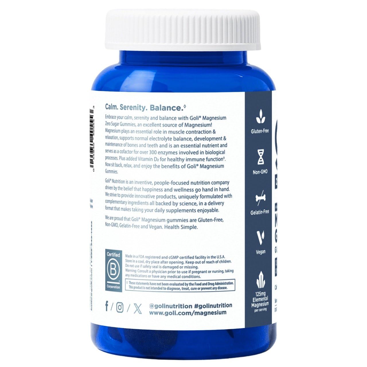 Goli Zero Sugar Magnesium Gummies - 125mg Magnesium (from Magnesium Glycinate) with Vitamin D 60 Count Each (3 Pack, 180 Total) - No Artificial Sweeteners, No Sugar Alcohols - Vegan, Gluten-Free