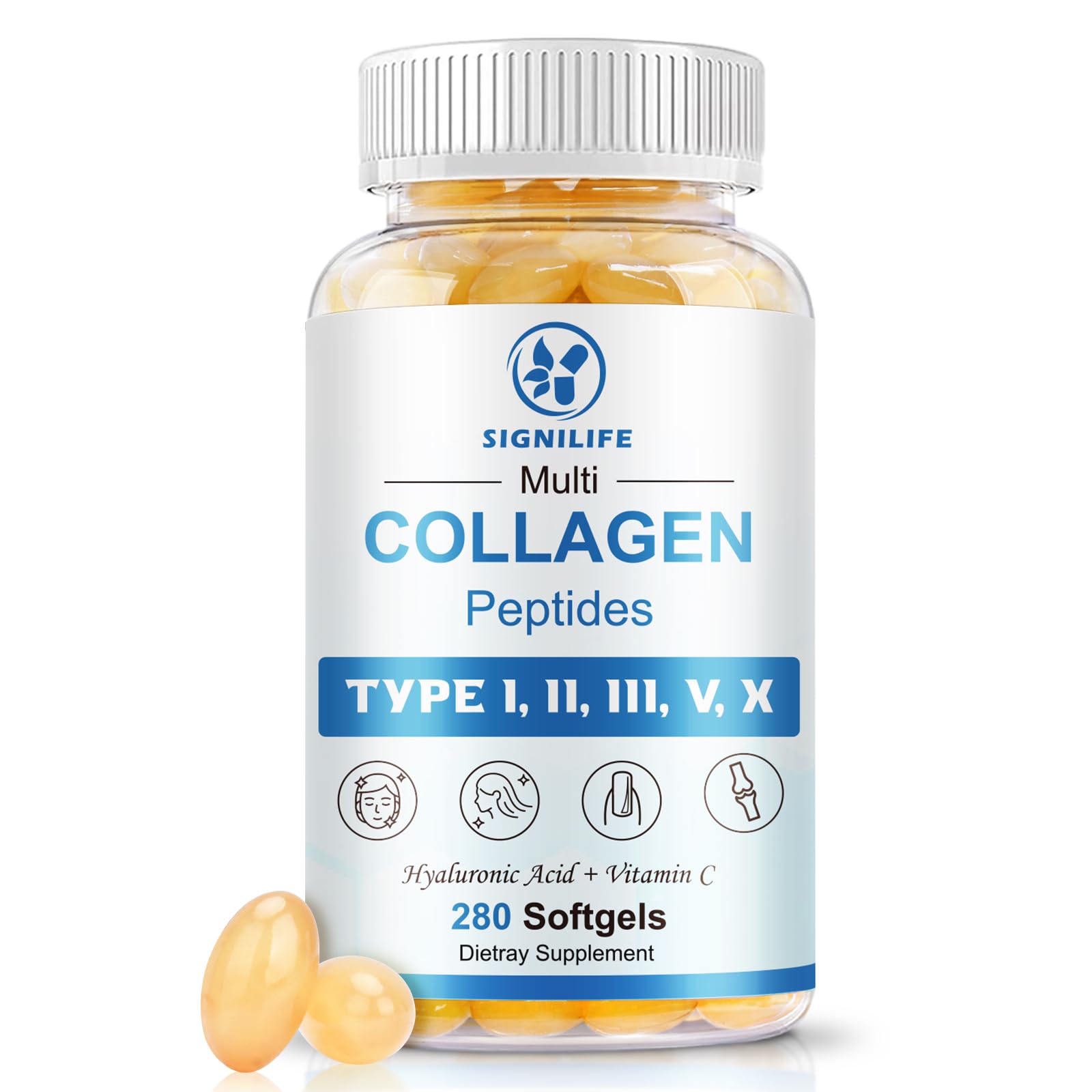 Multi Collagen Peptides for Women & Men-Type I, II, III, V, X | Hydrolyzed Collagen Peptides- with Hyaluronic Acid,Vitamin C,Biotin,Supports Skin Hair Nail, Non-GMO,280 Softgels