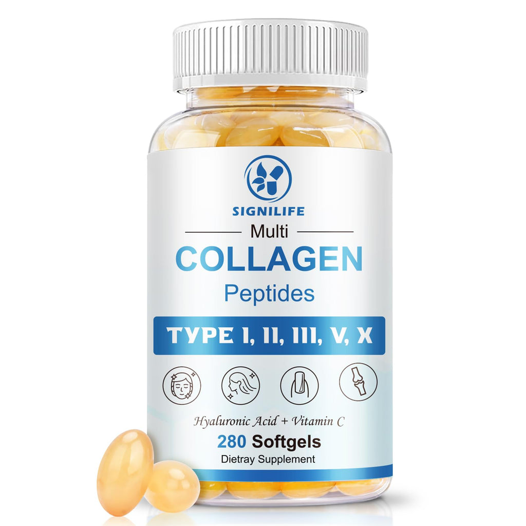 Multi Collagen Peptides for Women & Men-Type I, II, III, V, X | Hydrolyzed Collagen Peptides- with Hyaluronic Acid,Vitamin C,Biotin,Supports Skin Hair Nail, Non-GMO,280 Softgels