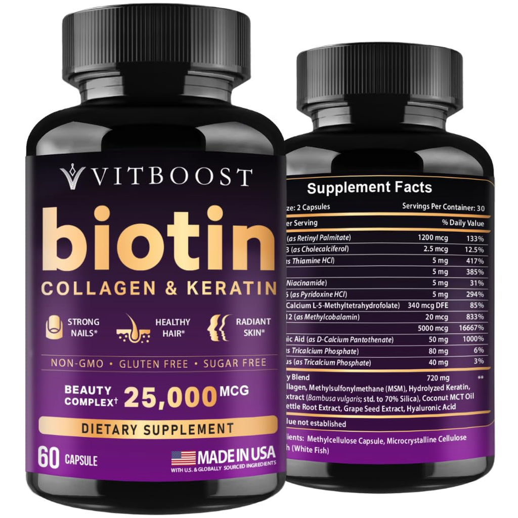 VITBOOST Biotin with Hyaluronic Acid, Collagen and Keratin - 60Ct, 25000mcg | Hair Growth Vitamins for Men and Women - Nails and Skin, USA Made - Third Party Tested, B1, B2, B3, B6, B7 Complex