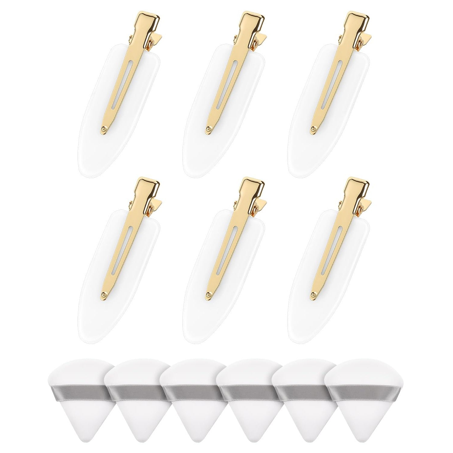 Amizo 6 Pcs Creaseless Hair Clips and 6 Pcs Triangle Powder Puffs for Women | Beauty Makeup Set，No Crease Design, No Bend,Loose Powder,Smooth Makeup Application and No-Dent Hair Styling