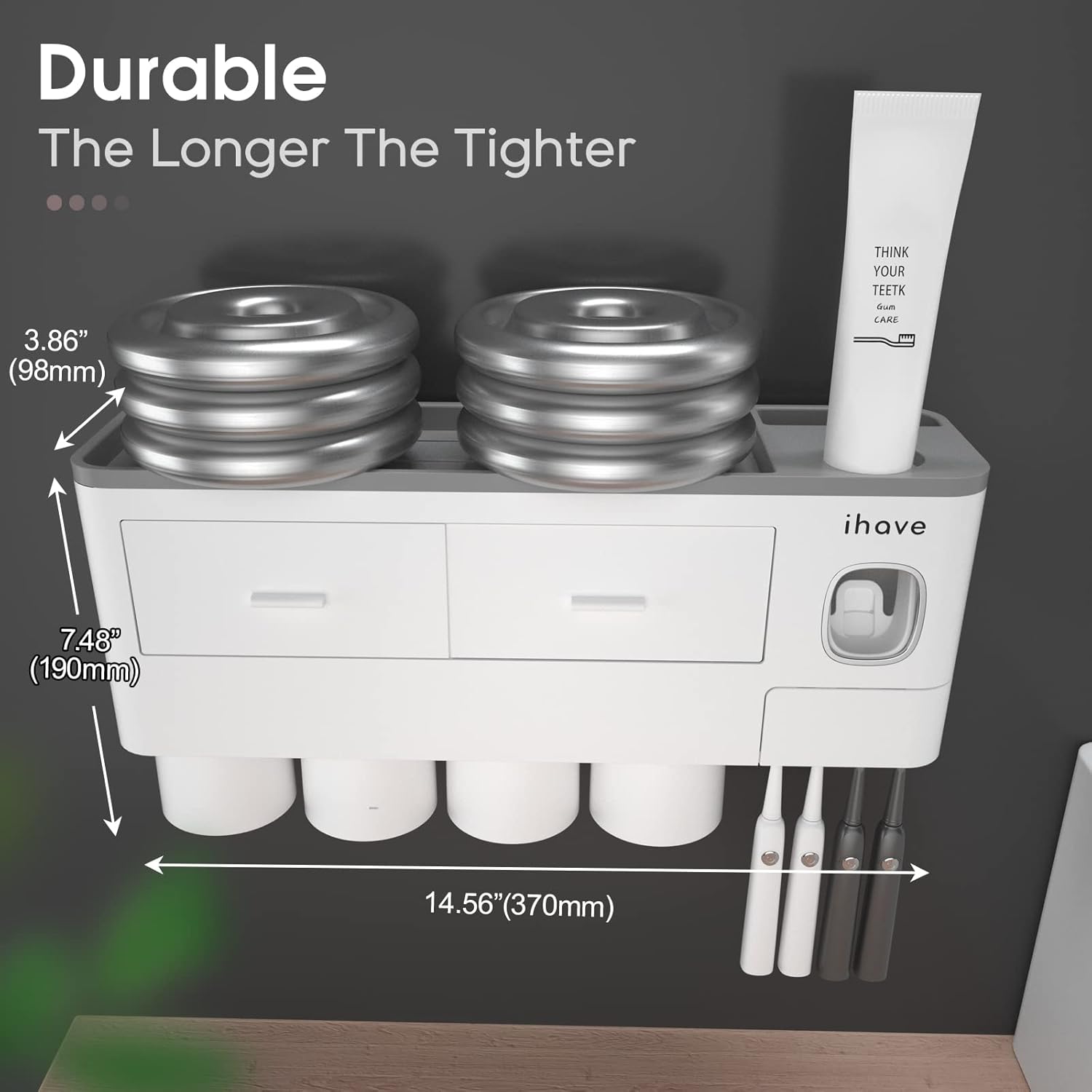 Buy now iHave Toothbrush Holders for Bathrooms, 4 Cups Toothbrush Holder Wall Mounted with Toothpaste Dispenser - Large Capacity Tray, 2 Cosmetic Drawer - Bathroom Organizer & Bathroom Accessories Set at indiglob india