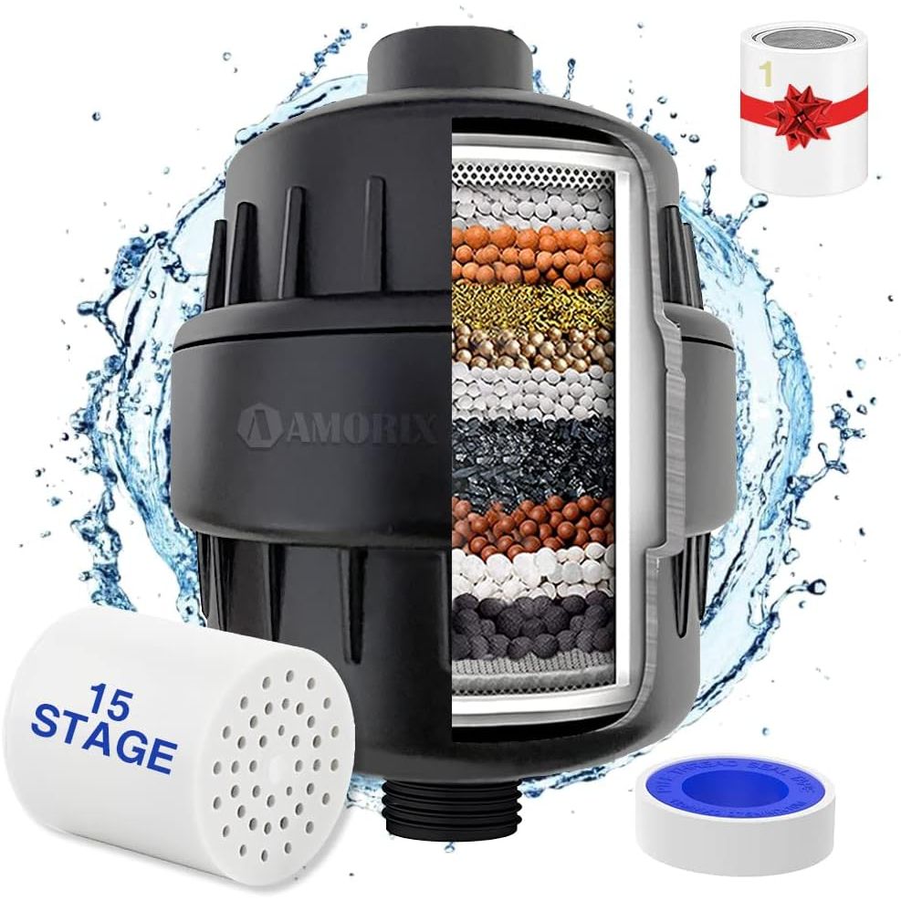 Buy now 15 Stage Shower Head Filter for Hard Water - High Output Shower Water Filter Reduces Chlorine, Improves Skin Condition Matte Black Filter with 2 Cartridges at indiglob india