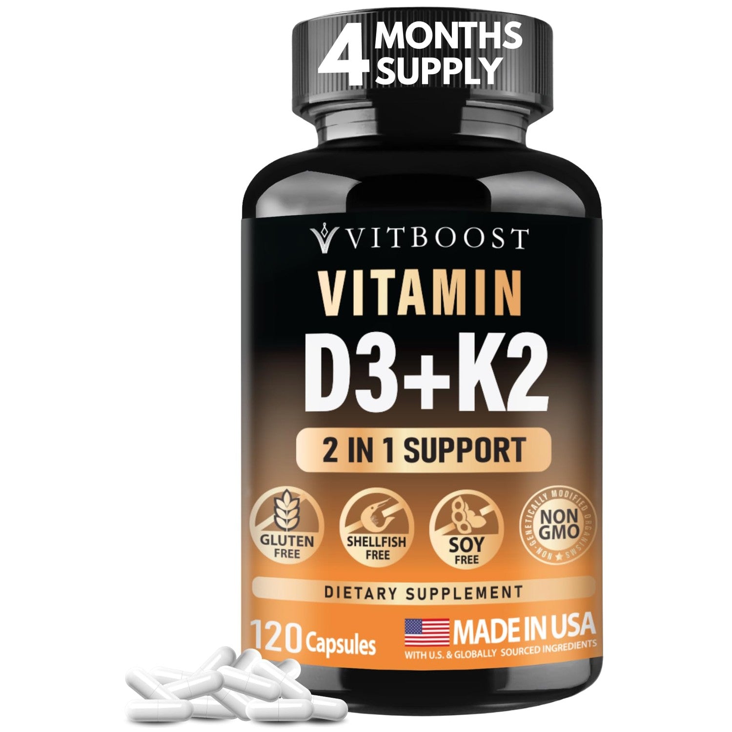 VITBOOST Vitamin D3 K2 Complex - 5000 IU (125 mcg) D3 & K2 (MK-7) 90 mcg | Easy to Swallow Vitamin D | Non-GMO | Gluten-Free | USA Made, 3rd Party Tested, 120 Capsules