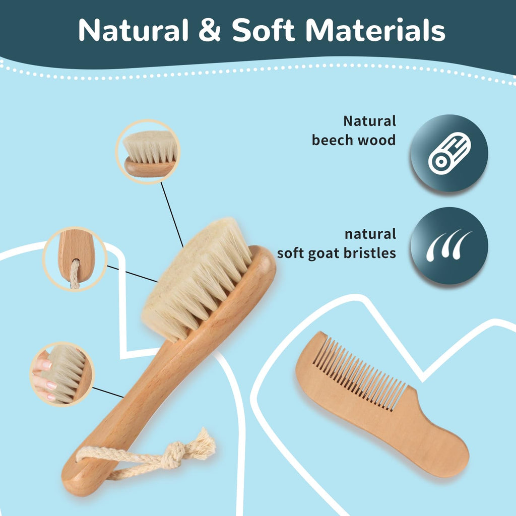Baby Hair Brush and Comb Set with Soft Goat Bristle